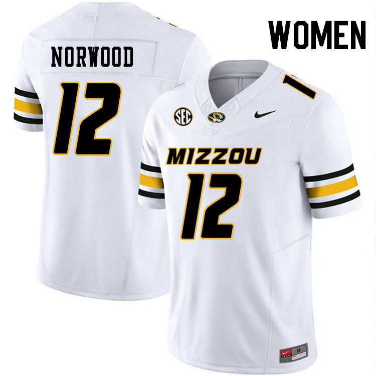 Women #12 Dreyden Norwood Missouri Tigers College Football Jerseys Stitched-White